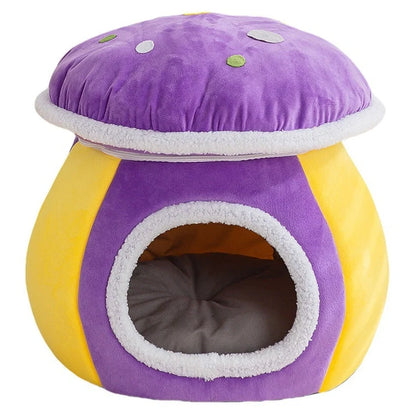 Grey mushroom-shaped cat bed with detachable thermal blanket showing 2.5cm thick plush interior
