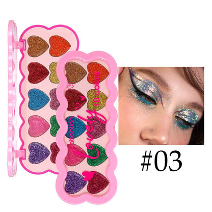 Pearlescent Heart Ten-colour Sequins Eye Shadow palette showing ten shimmery shades