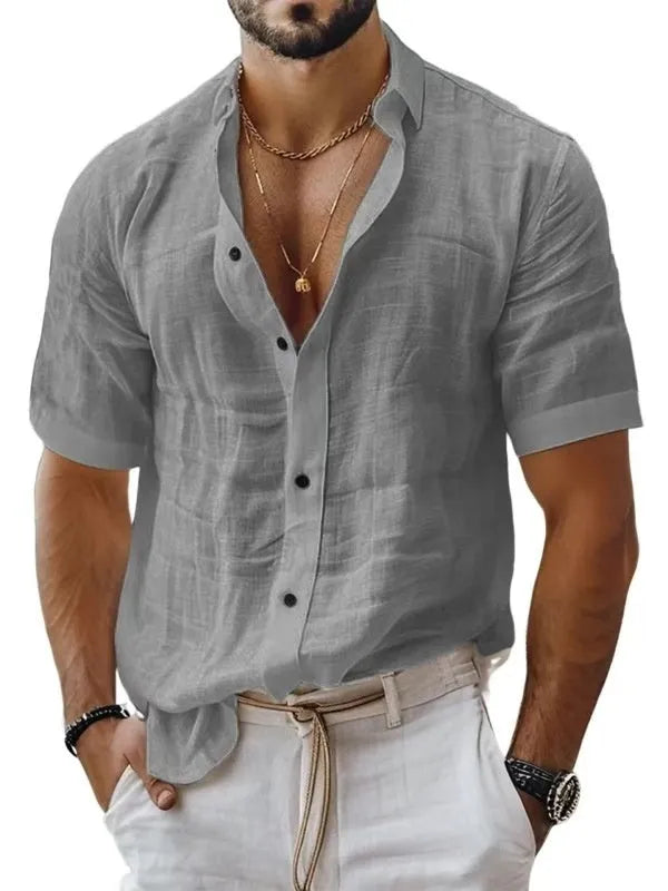 Men's short sleeve lapel shirt in cotton linen blend available in multiple solid colours
