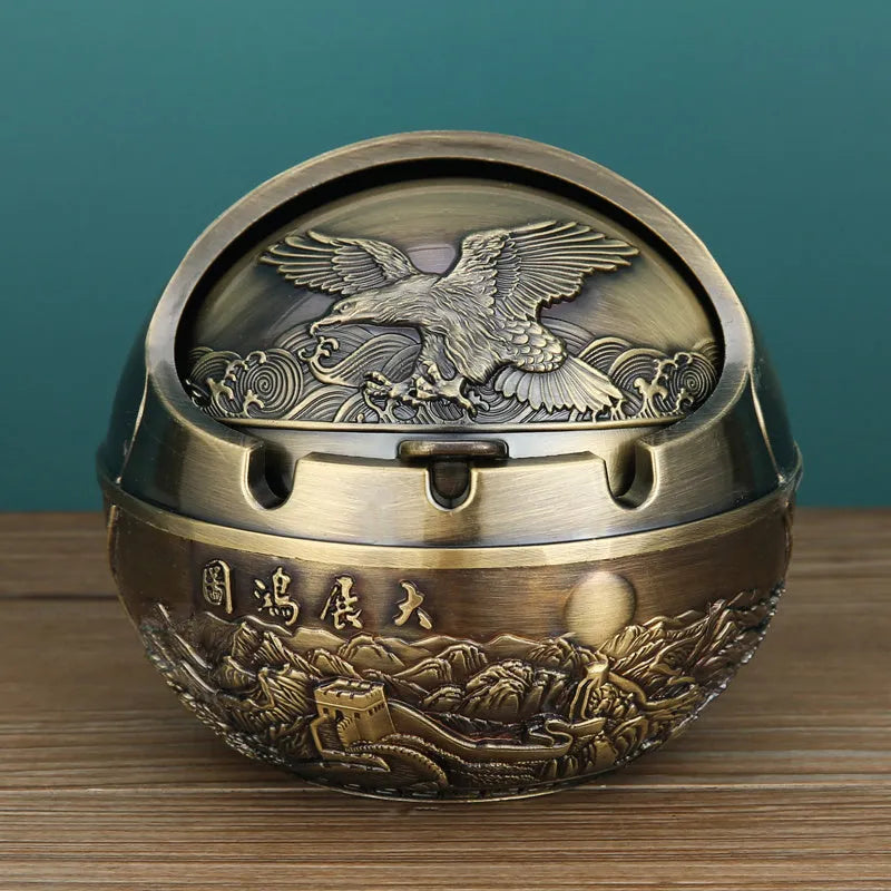 Alloy ashtray with smoke extinguishing slot in bronze finish, featuring Dragon and Phoenix motif, S size
