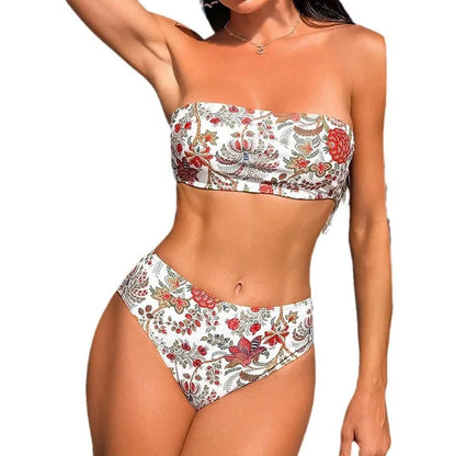 Women's printed bandeau swimsuit with triangle top and matching shorts, adjustable tie straps