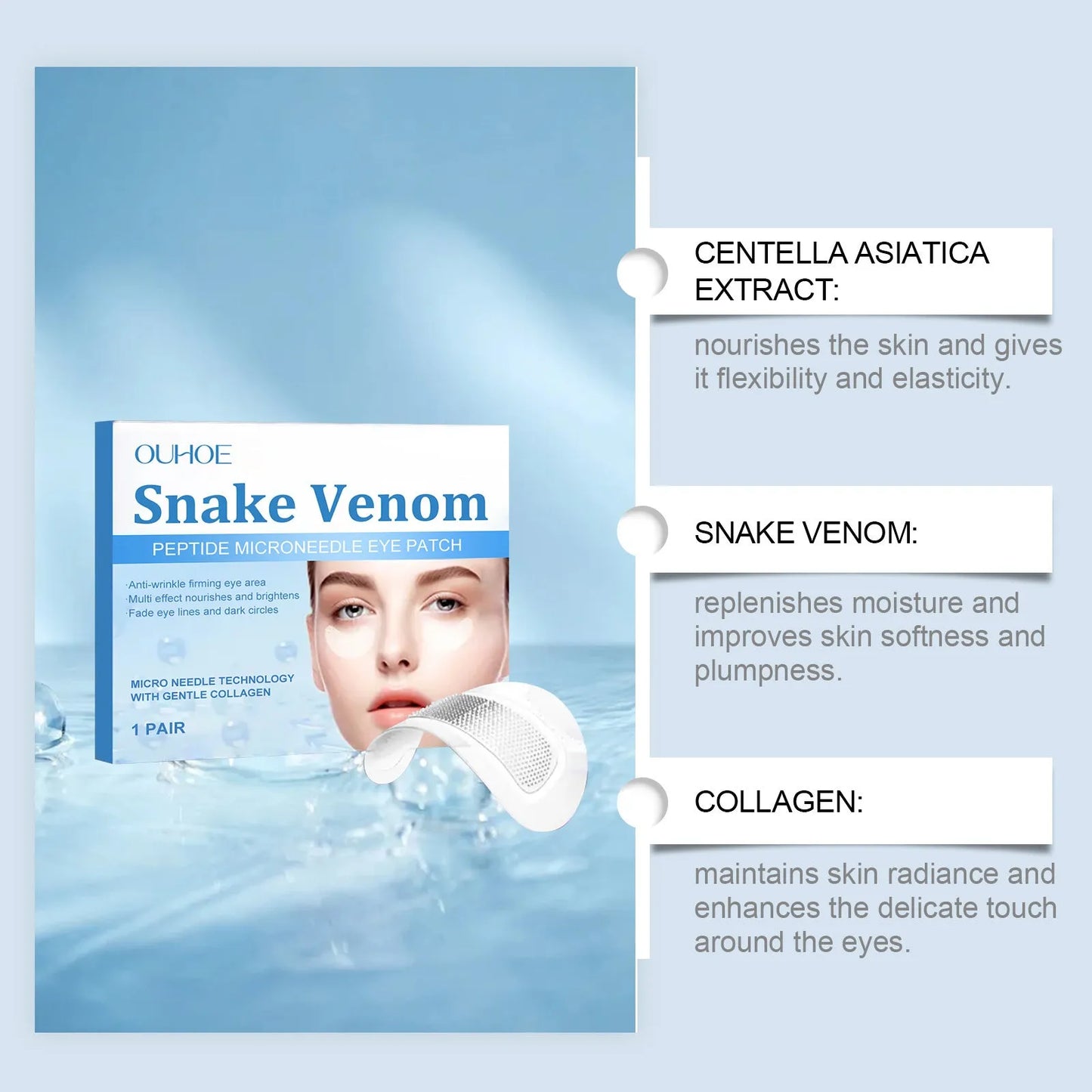 One pair of clear hydrogel microneedle eye patches for wrinkle care on a skincare background.