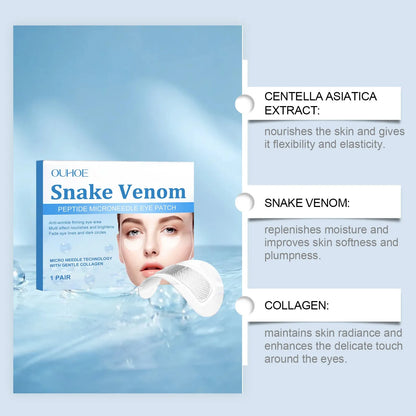 One pair of clear hydrogel microneedle eye patches for wrinkle care on a skincare background.