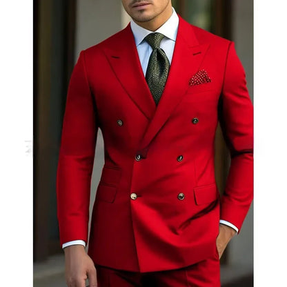 Men's light business suit set comprising a coat and trousers in a cotton blend fabric.