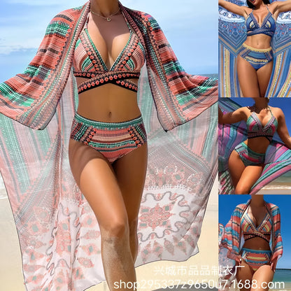 Women's retro ethnic style bikini with split cross strap design in blue colour.