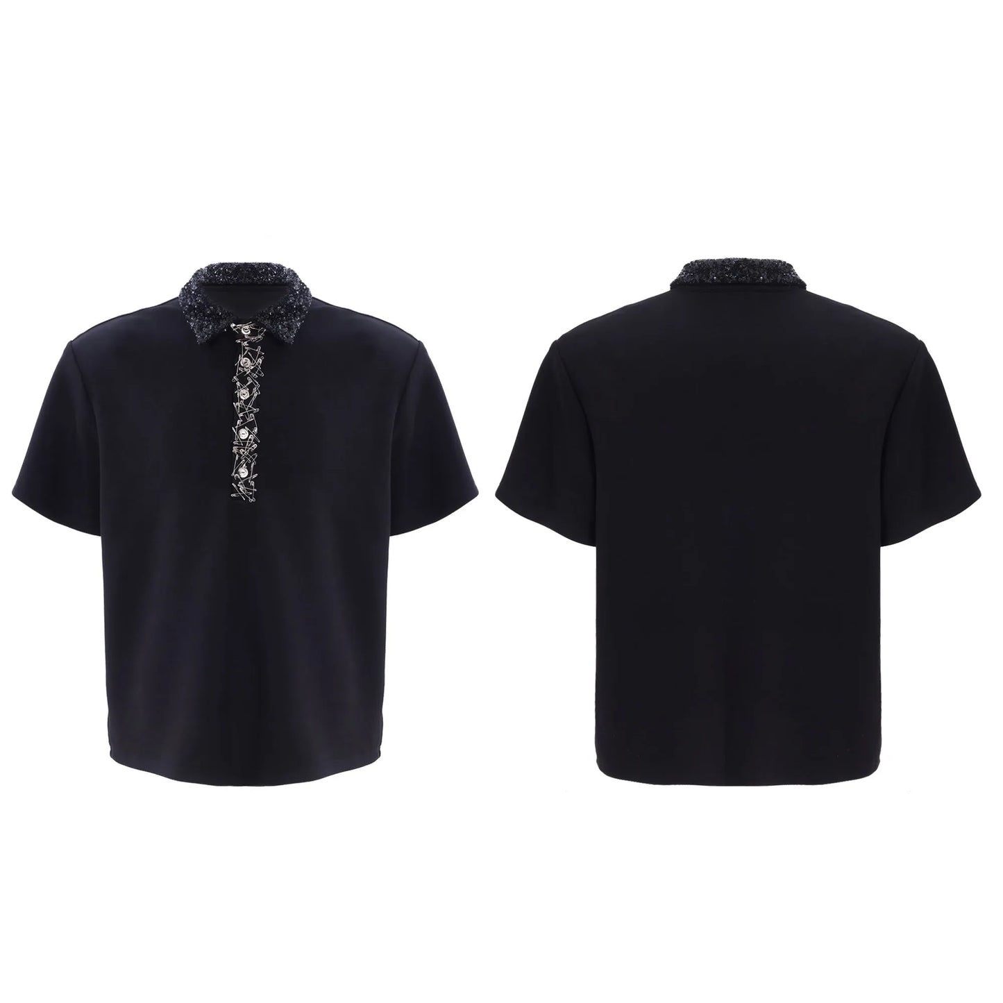 Men's black loose-fit polo shirt with embroidered and sequined square collar, short sleeves, solid colour