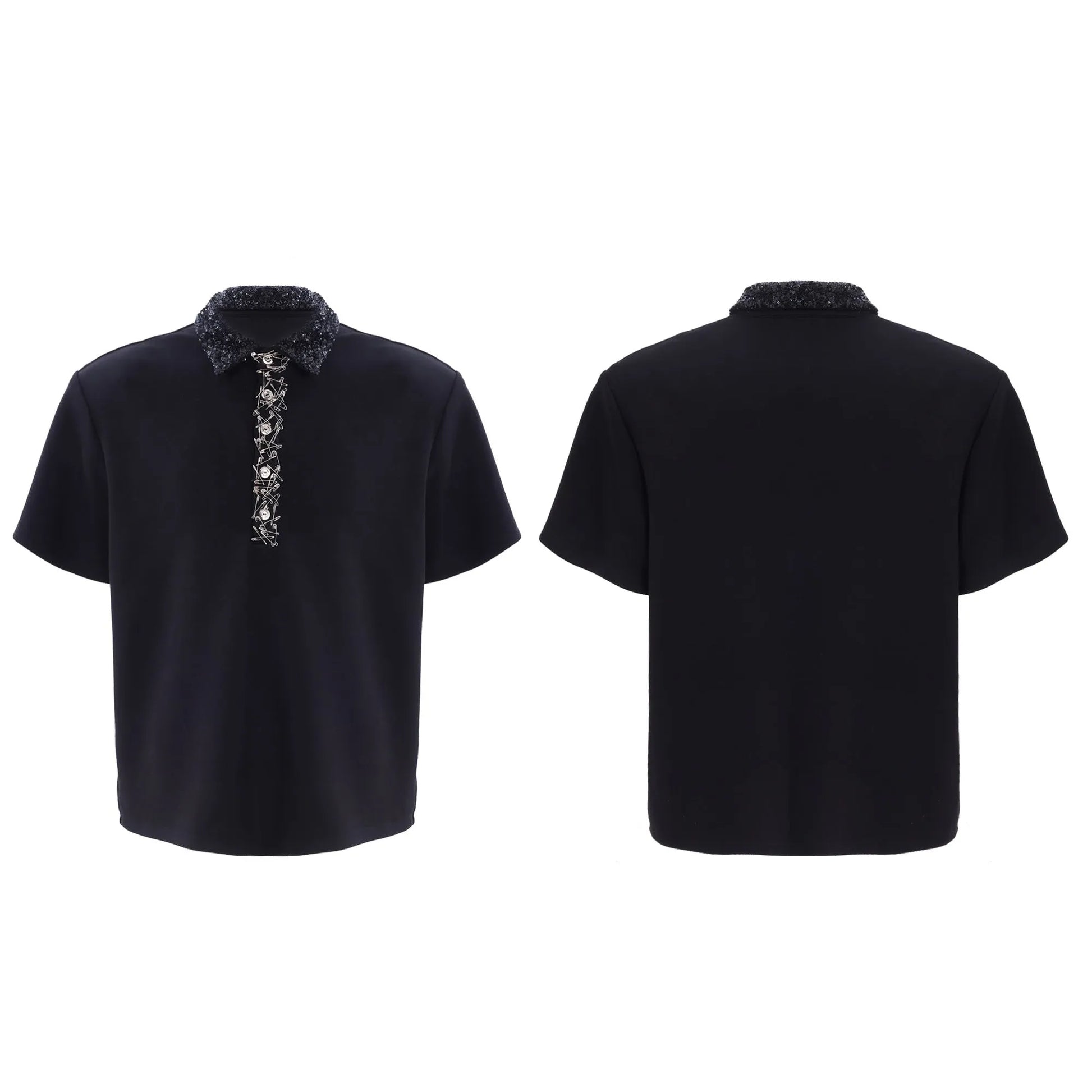 Men's black loose-fit polo shirt with embroidered and sequined square collar, short sleeves, solid colour