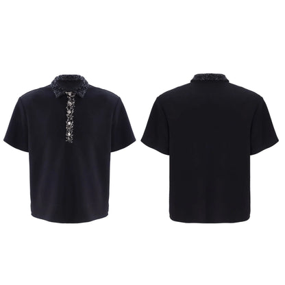 Men's black loose-fit polo shirt with embroidered and sequined square collar, short sleeves, solid colour