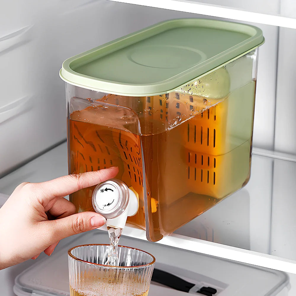 Home refrigerator water cooler with tap showing green colour option and 1-litre capacity bottle