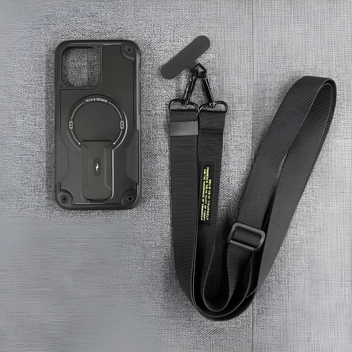 Magnetic invisible bracket phone case for iPhone 15 and 16 in Titan Gray with frosted finish and soft edge hard bottom.