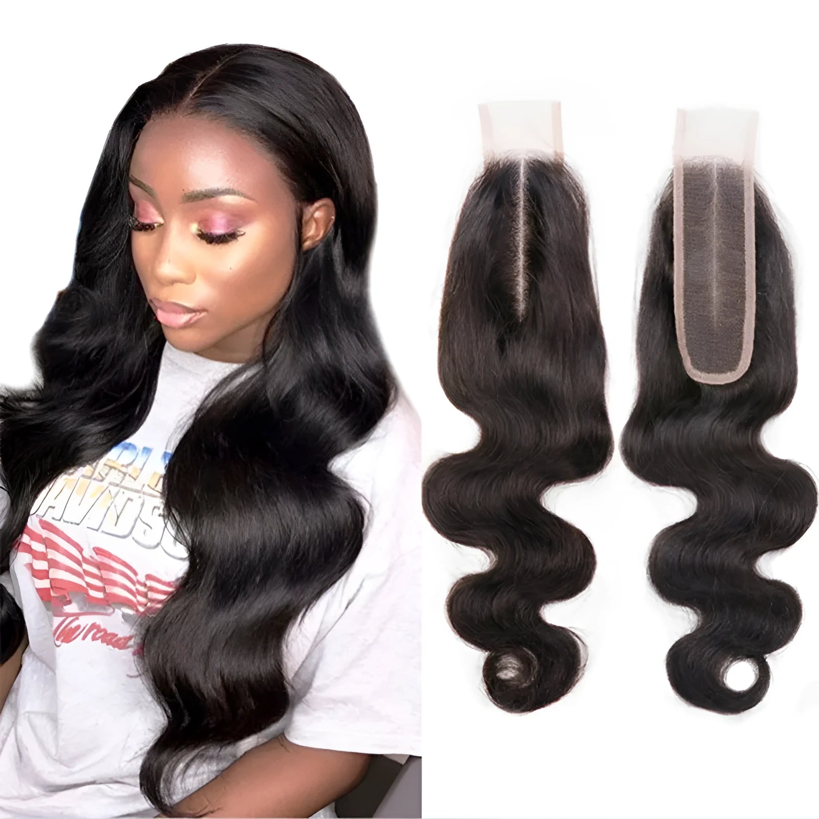Straight natural colour human hair wig with hand-woven cap on a wig stand.