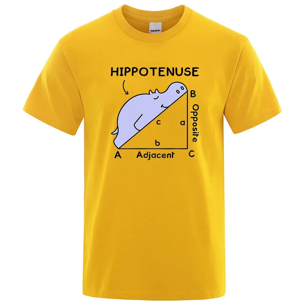 Loose fit white cotton t-shirt featuring a colourful 'Hippotenuse Opposite Adjacent' funny printed design on the front.