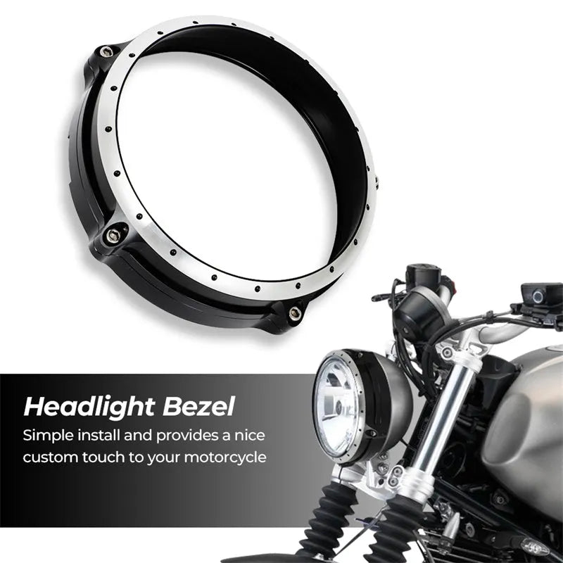 Black CNC aluminium headlight protective frame for BMW R NineT Scrambler motorcycle.