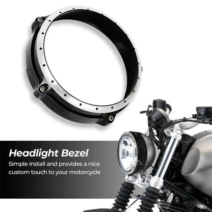 Black CNC aluminium headlight protective frame for BMW R NineT Scrambler motorcycle.