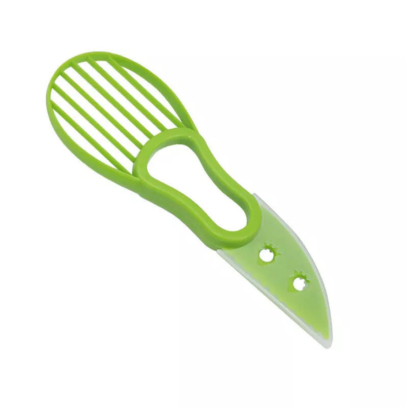 Multifunctional avocado knife in green and orange for slicing and peeling fruits