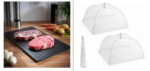 Black aluminium fast defrosting tray for kitchen use, shown thawing frozen meat.