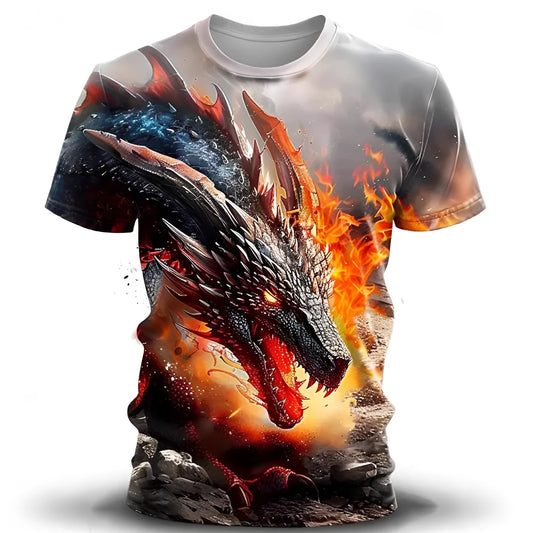 Men's grey T-shirt with a large blue and white 3D wind dragon printed design on the front.