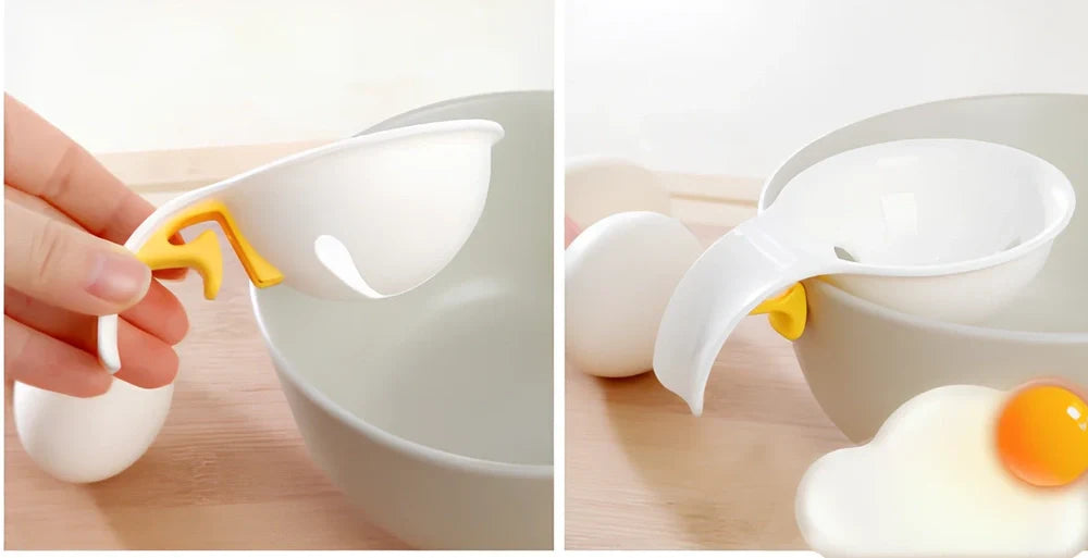 White ABS plastic egg separator with 10cm handle and 7.3cm bowl for yolk separation