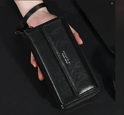 Men's black PU long-fold wallet with multiple card slots, shown open.