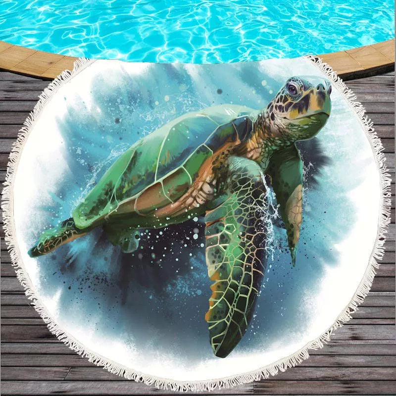Marine Life Round Printed Beach Towel in microfiber with vibrant ocean design