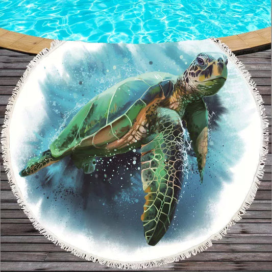 Marine Life Round Printed Beach Towel in microfiber with vibrant ocean design