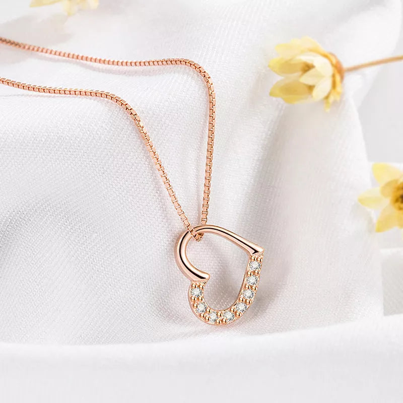 S925 Sterling Silver Love Heart Pendant Necklace in white gold and rose gold colors