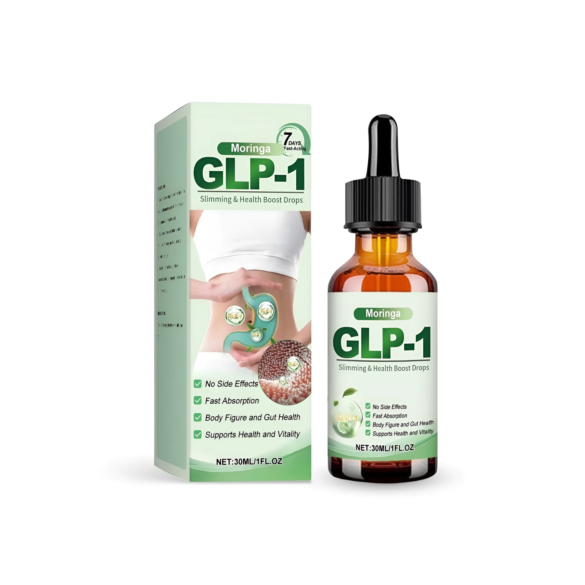 30ml glass dropper bottle of amber liquid health drops with moringa and essential oils.