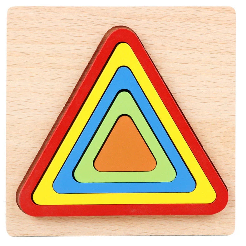 Wooden geometric puzzle with 10 shape graphics in red, yellow, blue, green, and orange colours
