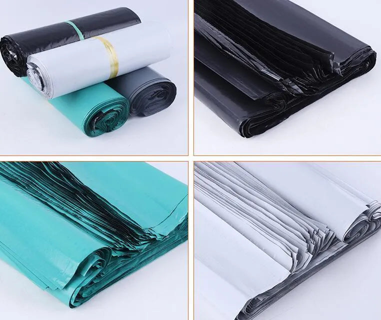 A pack of flat, sealed white PE plastic courier bags with an adhesive strip, showing size options and colour variations.