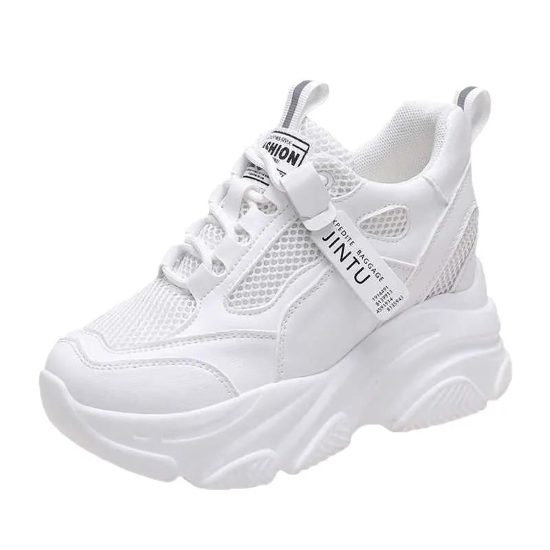 Women's black mesh platform casual shoes with hollow-out design detail on white background