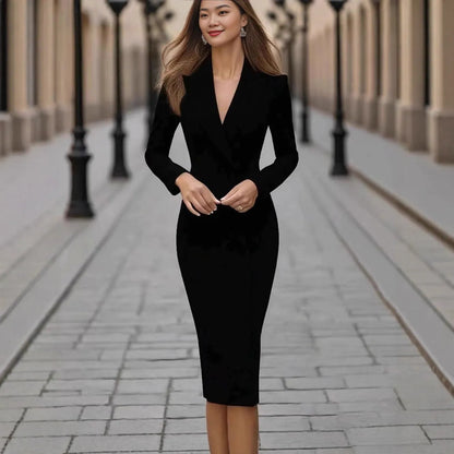 Single-breasted polyester coat dress with high waist and long sleeves in available colours