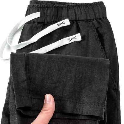Pure linen Chinese style elastic waist trousers in straight leg cut with drawstring closure