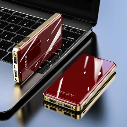 Mirror digital display 20000mAh power bank in multiple colours showing size and aluminium battery casing