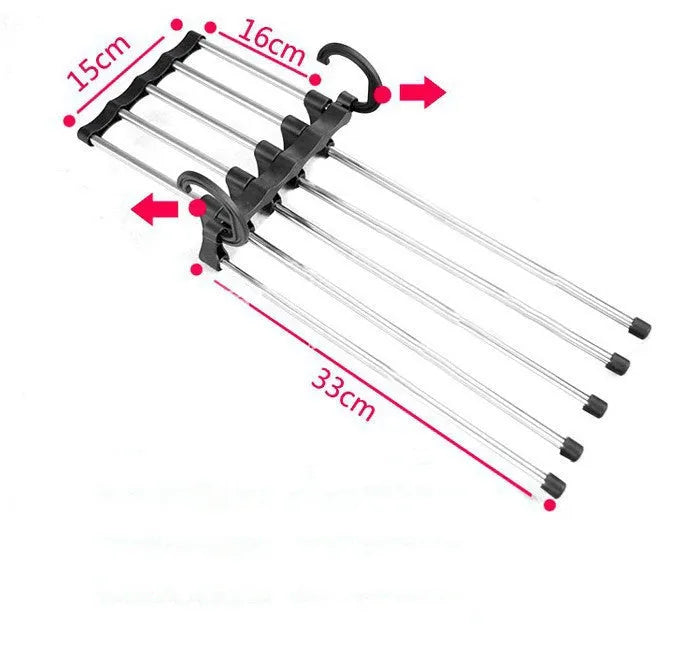 Five-boom stainless steel wardrobe hanger for trousers showing both level and vertical hanging methods