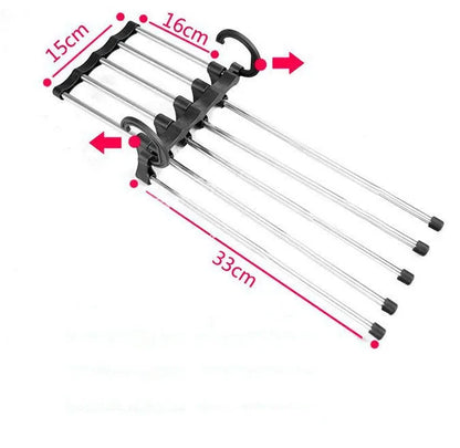 Five-boom stainless steel wardrobe hanger for trousers showing both level and vertical hanging methods