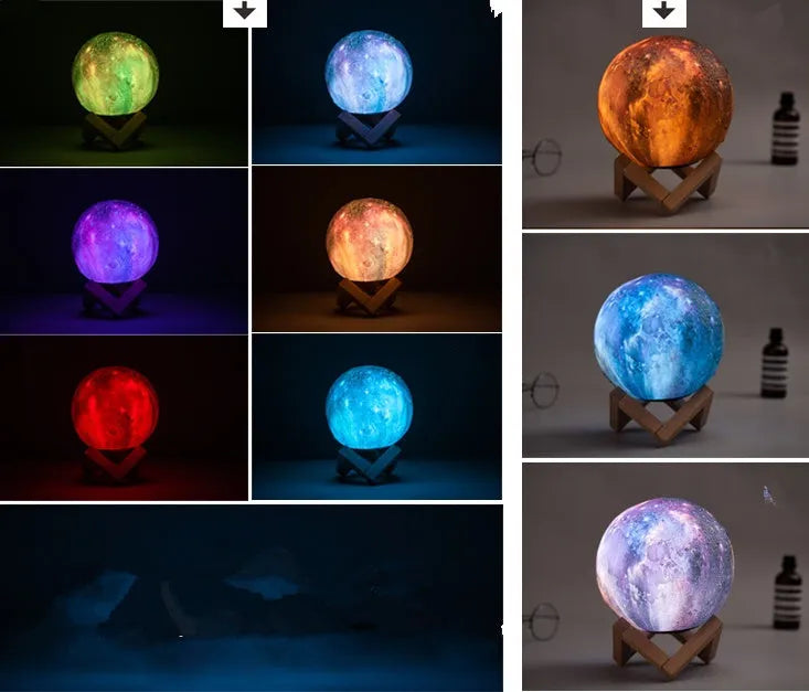 3D-printed spherical lunar night light with LED colours and remote control on a dark surface