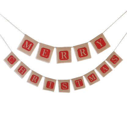 Brown and red burlap Christmas banner with fourteen flags on a string for wall decoration.
