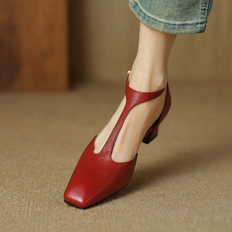 Wine red women's chunky heel shoes with a square toe and sheepskin leather upper.