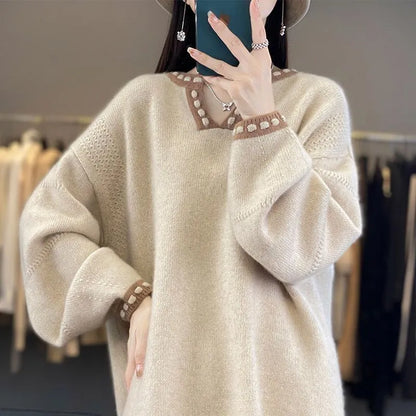 Women's V-neck pullover sweater in camel or white with long sleeves, sizes S to 3XL