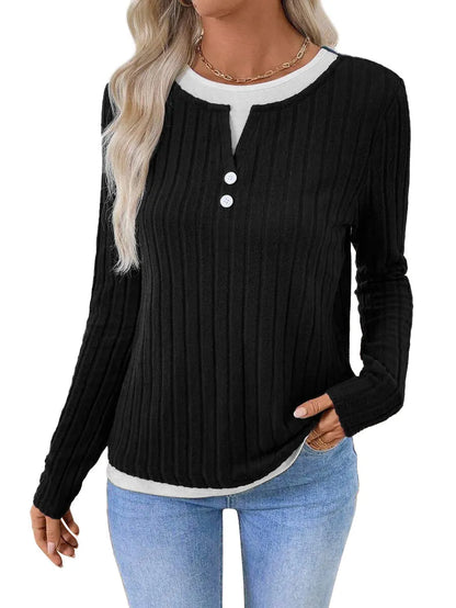 Women's concave stripe pullover sweater with fake two-piece design and button front in street fashion style