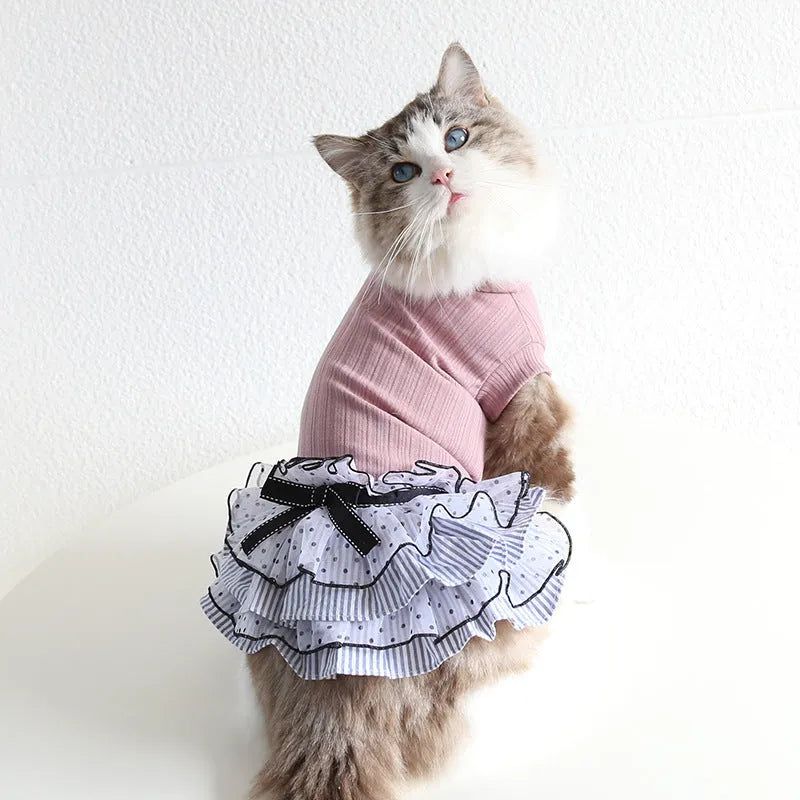 Polka dot lace cake dress pet costume for dogs and cats in princess style with floral trim