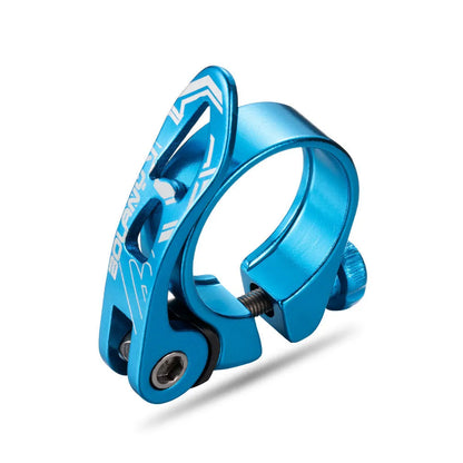 Aluminium bicycle seat tube clamp in black, red, gold, or blue colour options