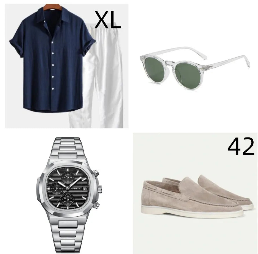Casual loose beachwear suit in cotton linen blend with half sleeves and trousers, includes glasses shoes watch accessories