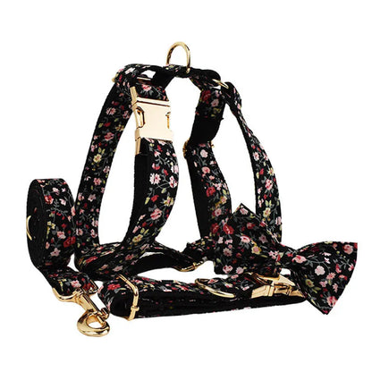 Cloth dog collar and leash set with matching vest and removable bow decoration in multiple size options