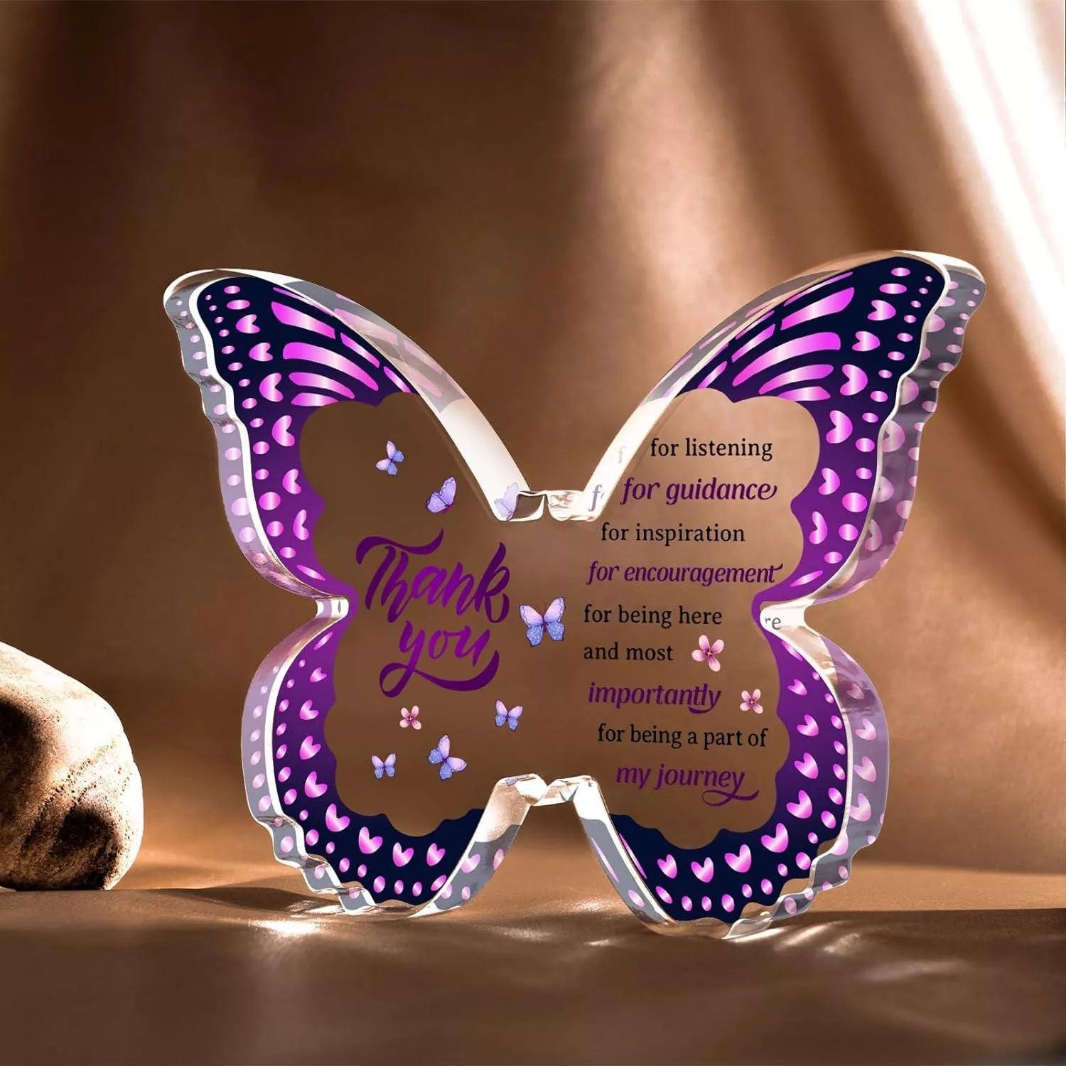 Butterfly-shaped acrylic keepsake with purple wing patterns and personalized message