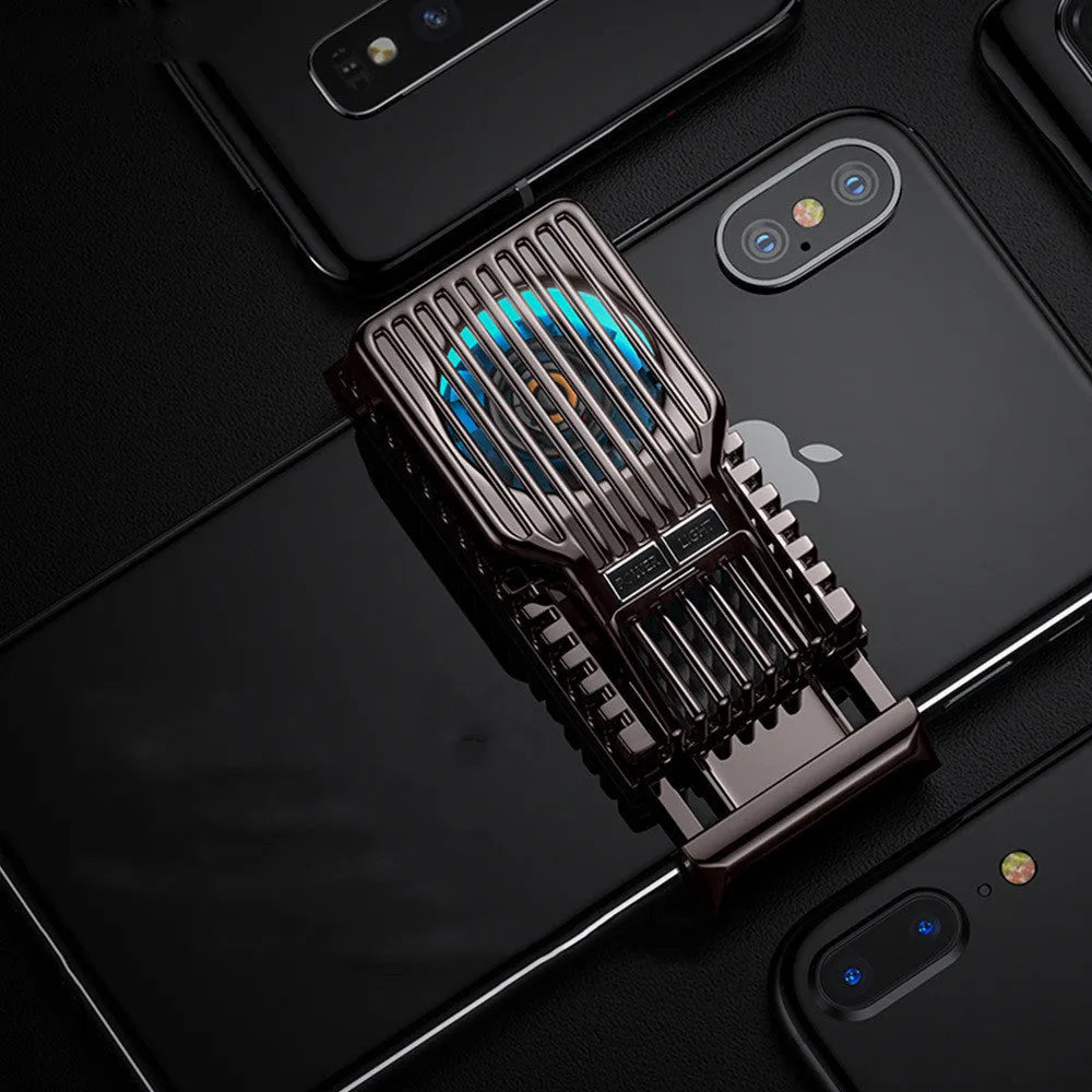 Black mobile phone radiator clip attached to a smartphone, showing aluminium and ceramic cooling surfaces.