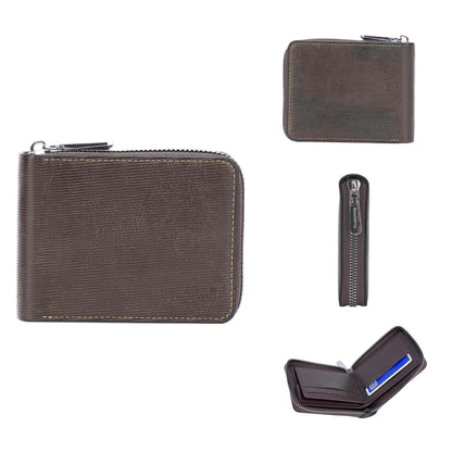 Leather anti-theft zipper wallet in black or brown with embossing pattern and credit card slots