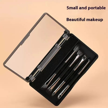 Makeup brush set with mirror compact case showing silver or gold brushes with artificial fibre bristles