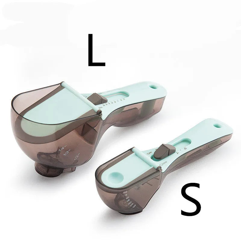 Orange and blue digital measuring spoon set showing measurement units and ergonomic handle.