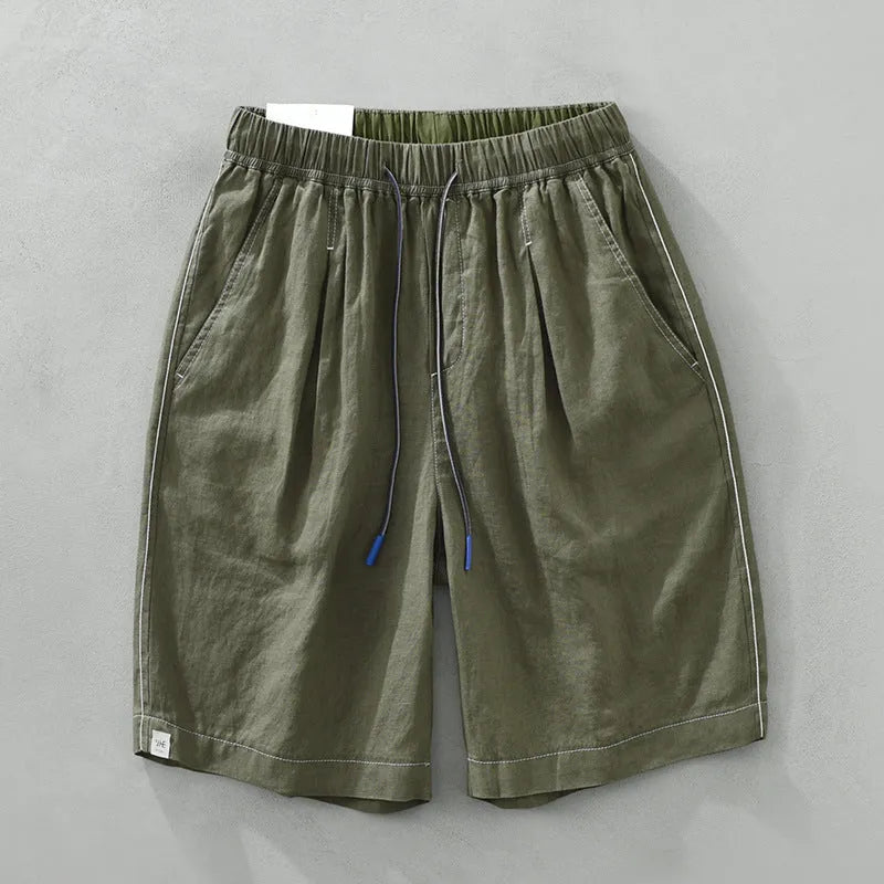 Men's solid colour linen shorts in loose straight drooping style on hanger